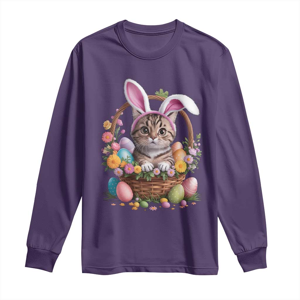 Funny Easter Day Cat Bunny Ears Egg Basket Long Sleeve Shirt