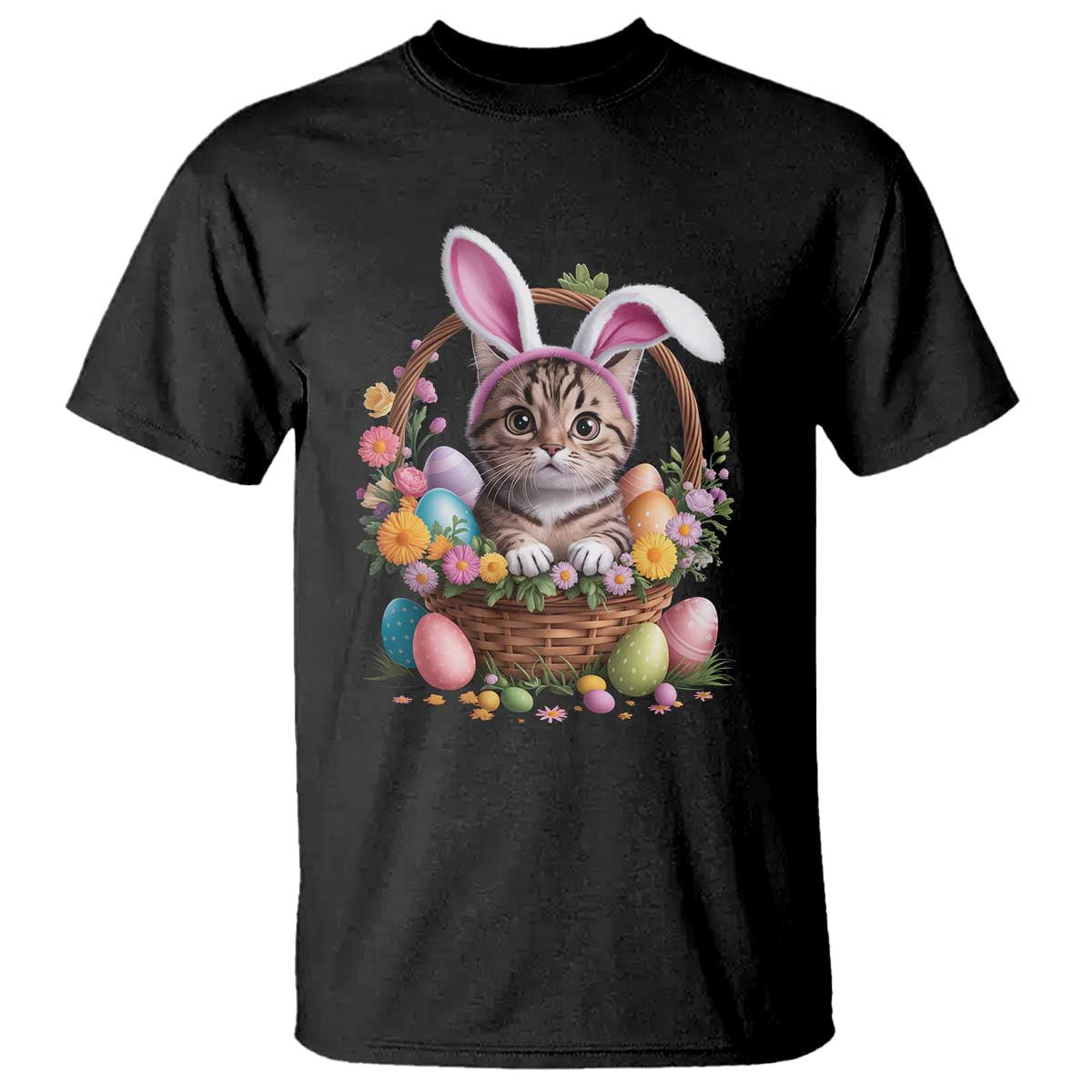 Funny Easter Day Cat Bunny Ears Egg Basket T Shirt