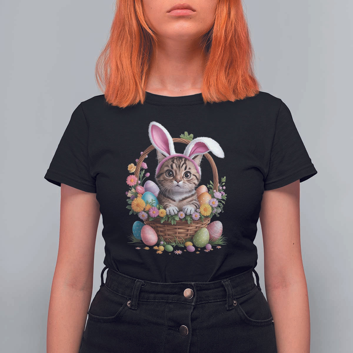 Funny Easter Day Cat Bunny Ears Egg Basket T Shirt For Women