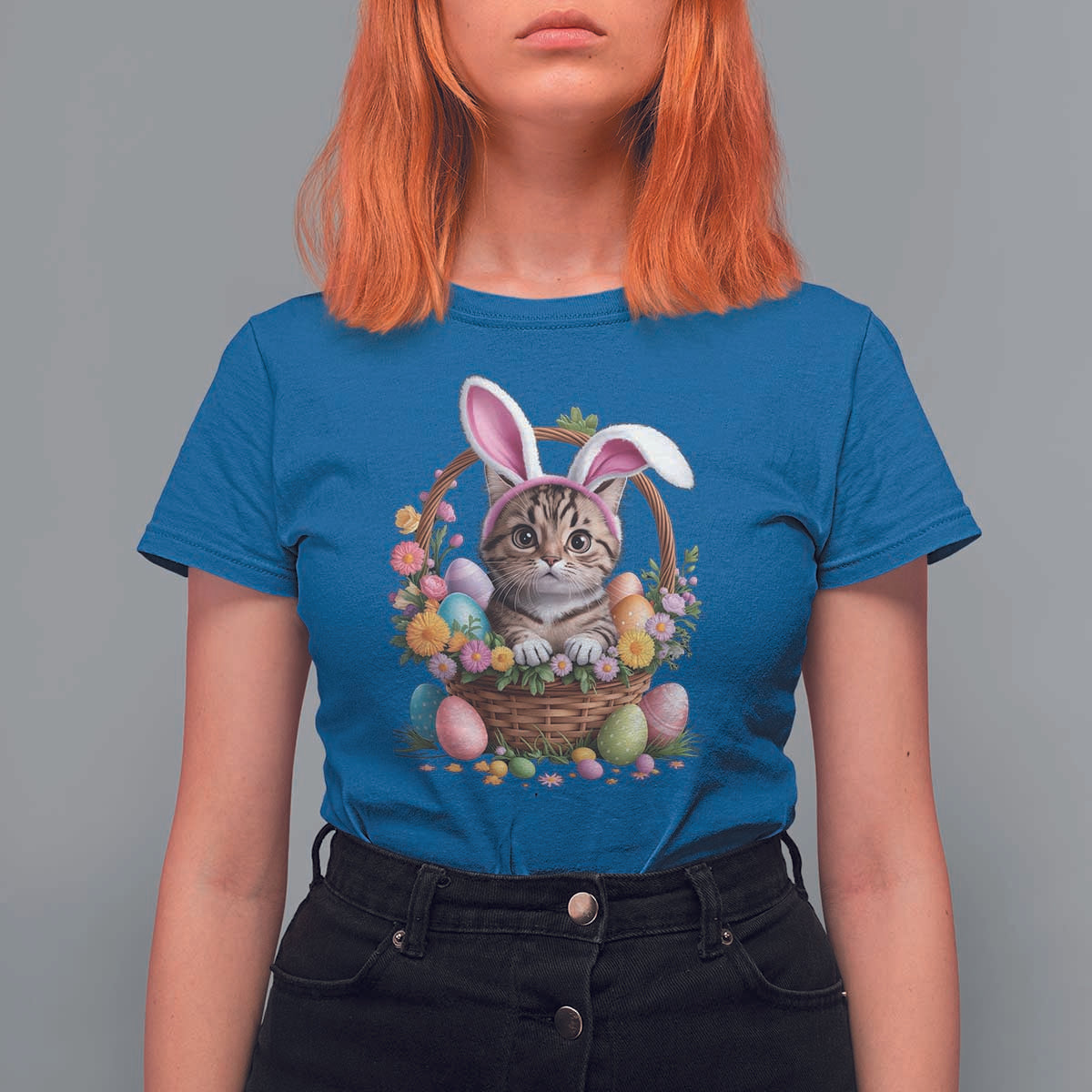 Funny Easter Day Cat Bunny Ears Egg Basket T Shirt For Women
