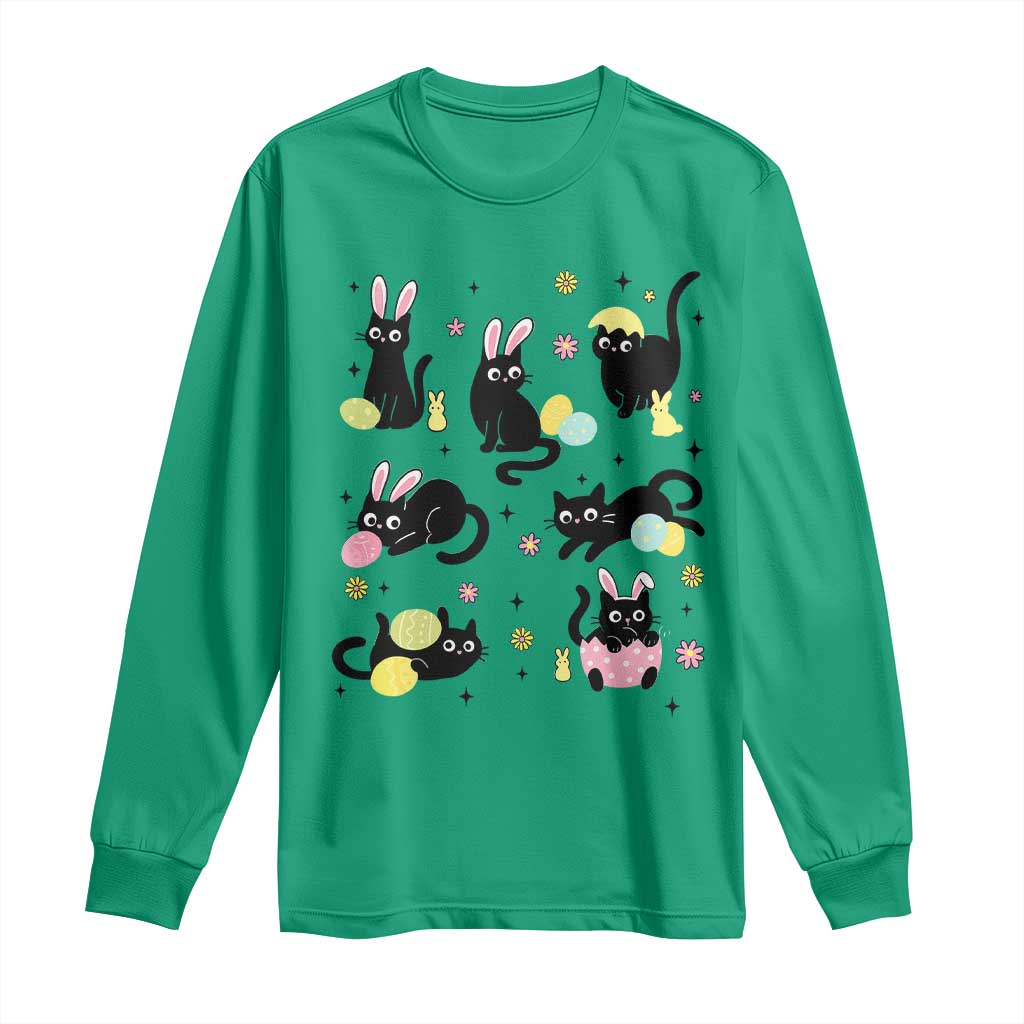 Funny Black Cat With Bunny Eggs Easter Day Long Sleeve Shirt