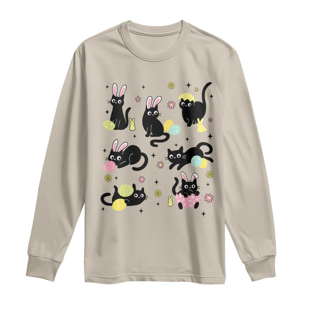 Funny Black Cat With Bunny Eggs Easter Day Long Sleeve Shirt