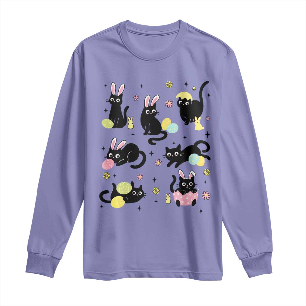 Funny Black Cat With Bunny Eggs Easter Day Long Sleeve Shirt