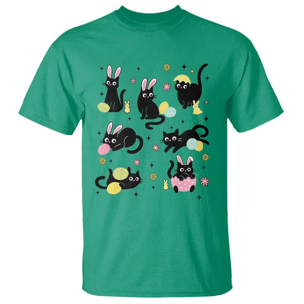 Funny Black Cat With Bunny Eggs Easter Day T Shirt