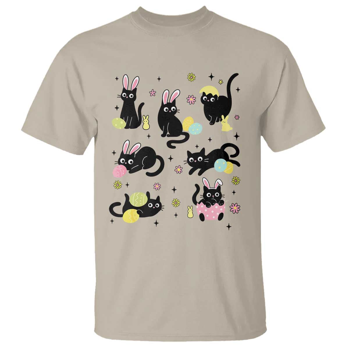 Funny Black Cat With Bunny Eggs Easter Day T Shirt