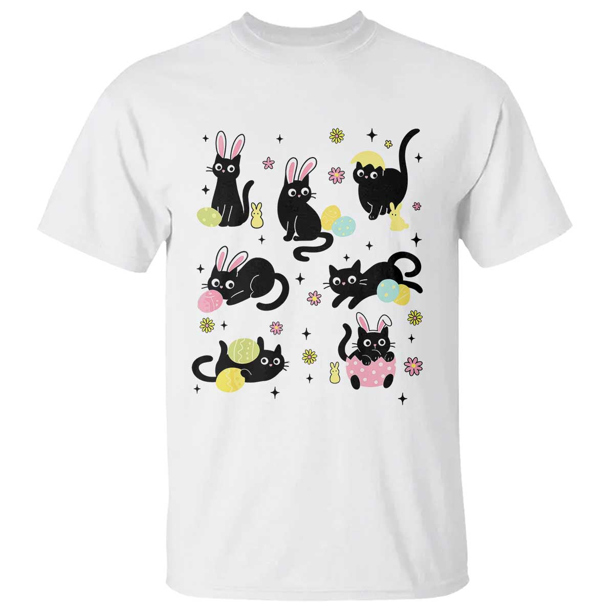 Funny Black Cat With Bunny Eggs Easter Day T Shirt
