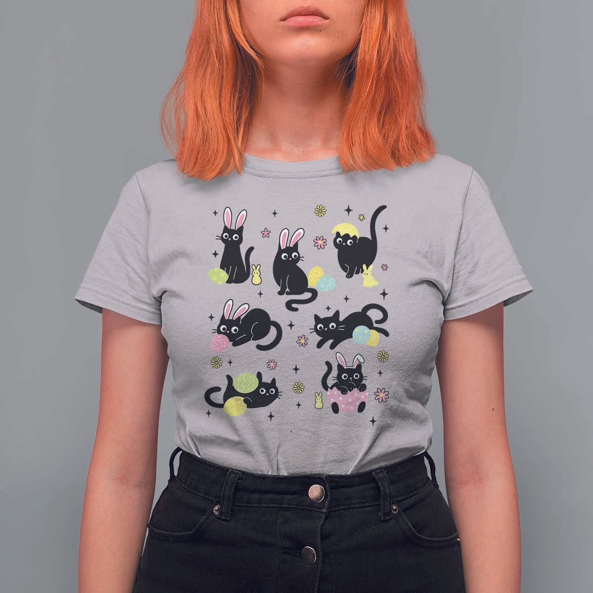 Funny Black Cat With Bunny Eggs Easter Day T Shirt For Women