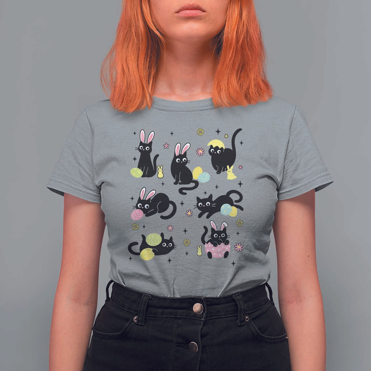 Funny Black Cat With Bunny Eggs Easter Day T Shirt For Women