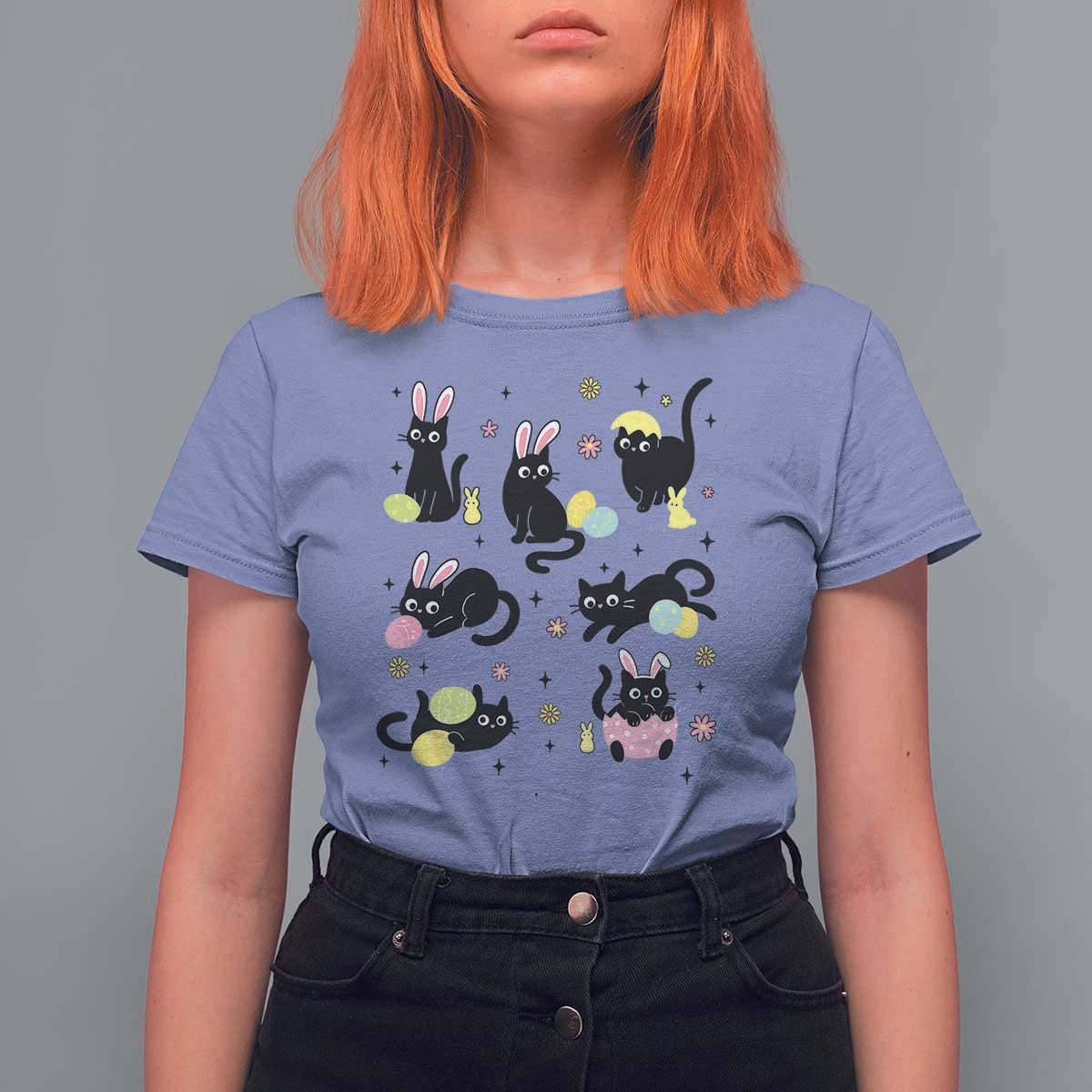 Funny Black Cat With Bunny Eggs Easter Day T Shirt For Women