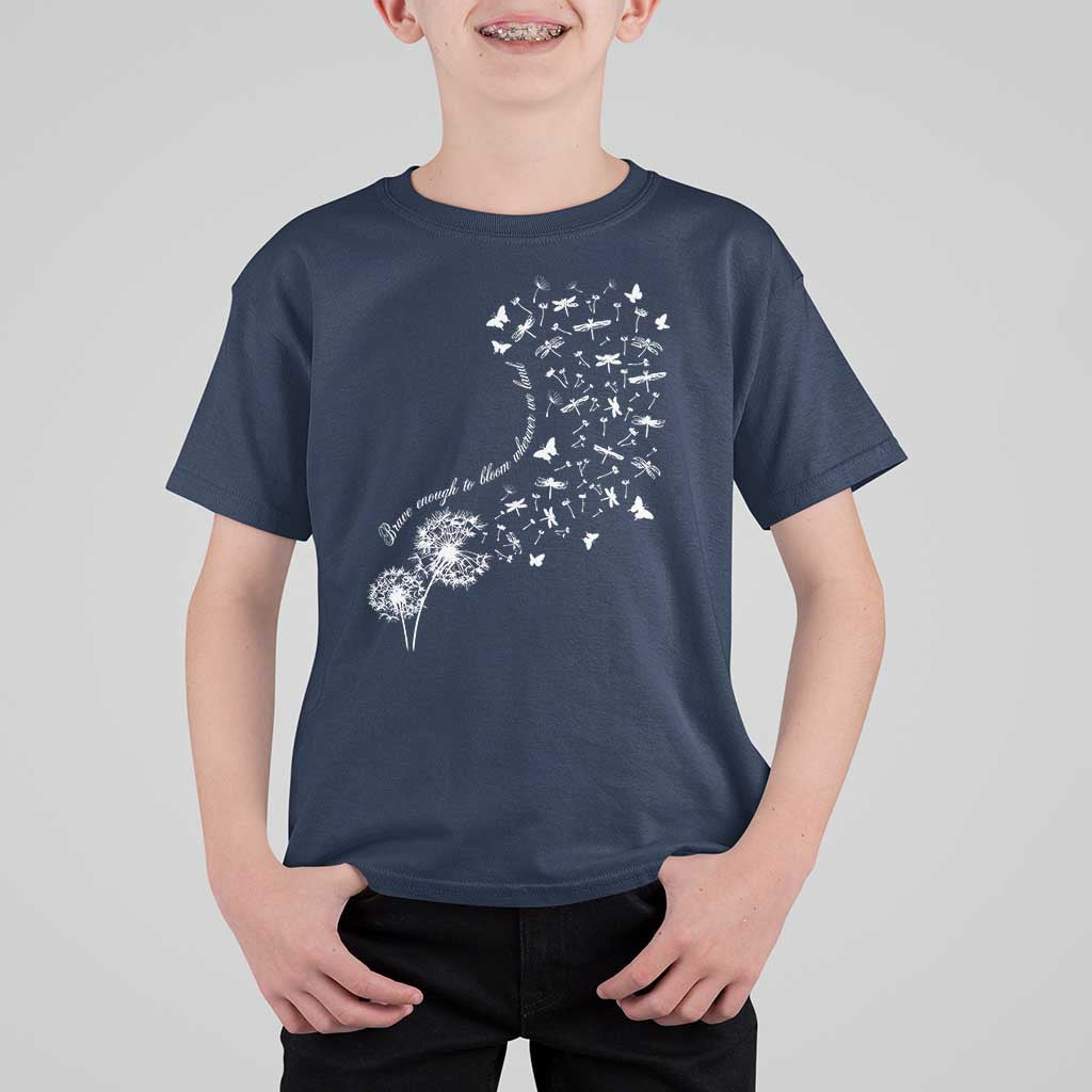 Military Child Month T Shirt For Kid Brave Enough To Bloom Wherever We Land Dandelion Flowers