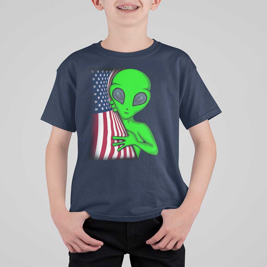 Funny 4th Of July Alien T Shirt For Kid USA American Flag UFO - Wonder Print Shop