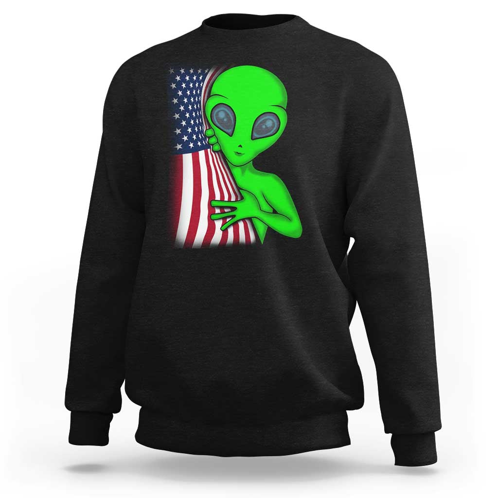 Funny 4th Of July Alien Sweatshirt USA American Flag UFO - Wonder Print Shop