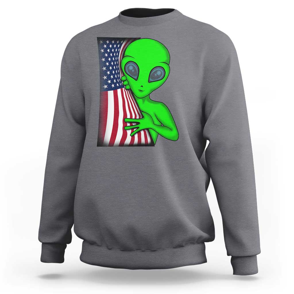 Funny 4th Of July Alien Sweatshirt USA American Flag UFO - Wonder Print Shop