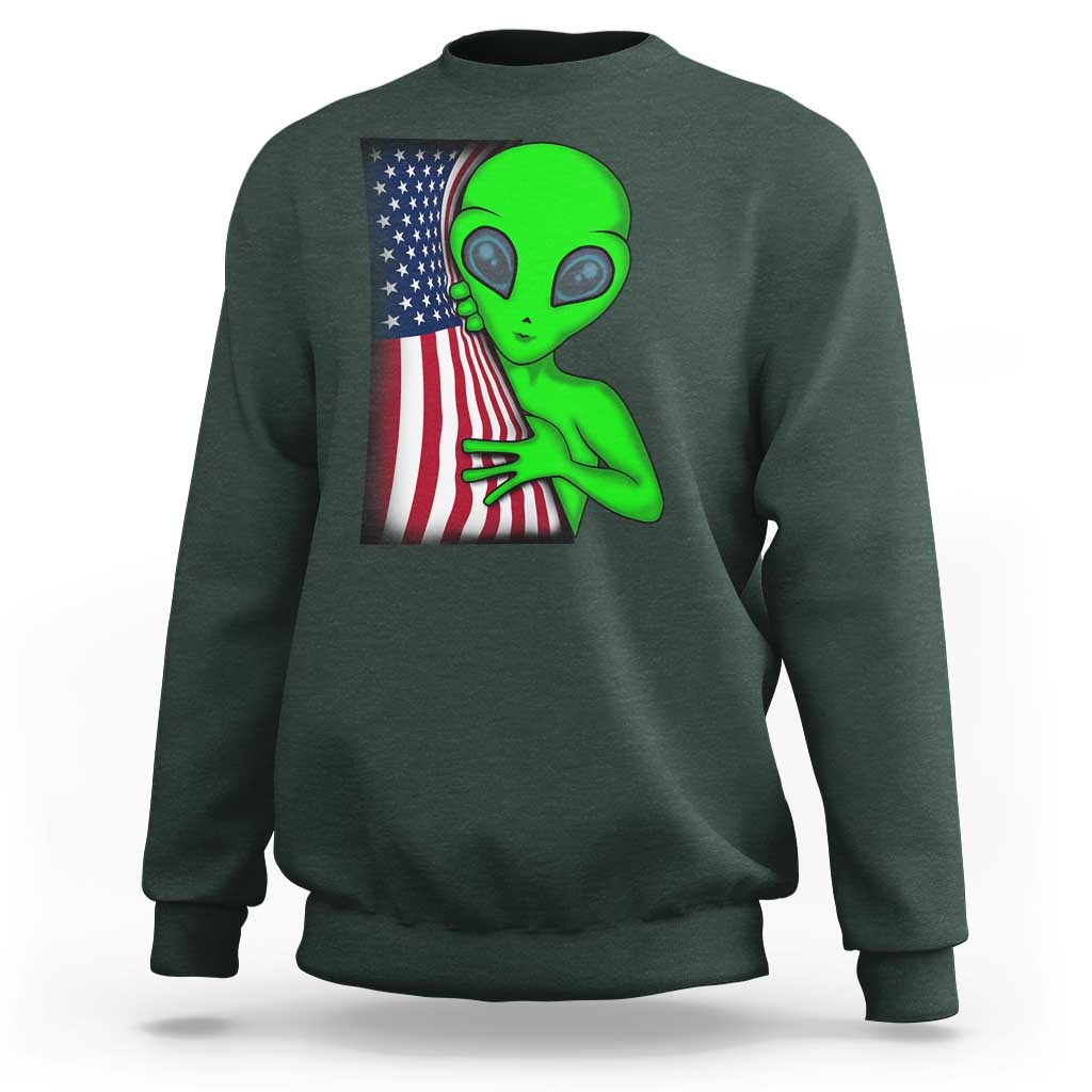 Funny 4th Of July Alien Sweatshirt USA American Flag UFO - Wonder Print Shop