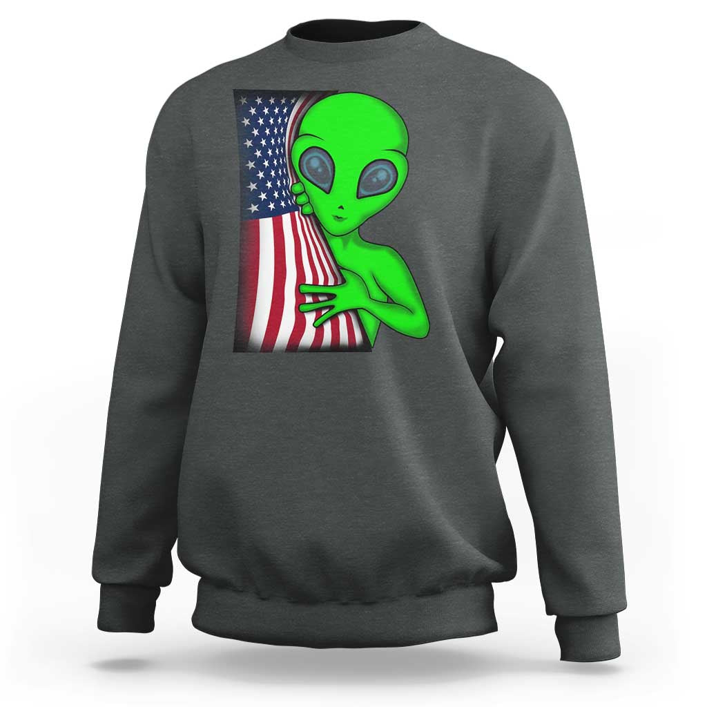 Funny 4th Of July Alien Sweatshirt USA American Flag UFO - Wonder Print Shop