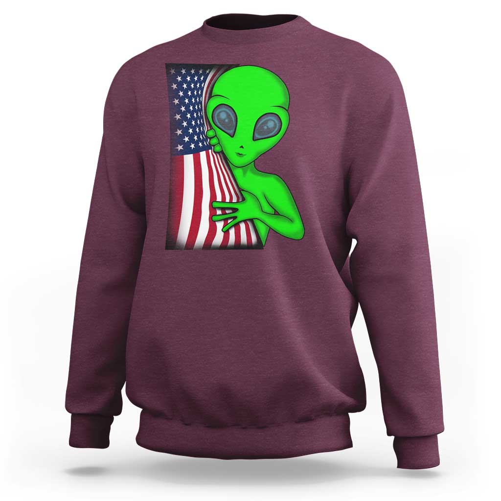 Funny 4th Of July Alien Sweatshirt USA American Flag UFO - Wonder Print Shop