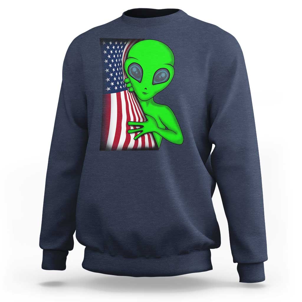 Funny 4th Of July Alien Sweatshirt USA American Flag UFO - Wonder Print Shop