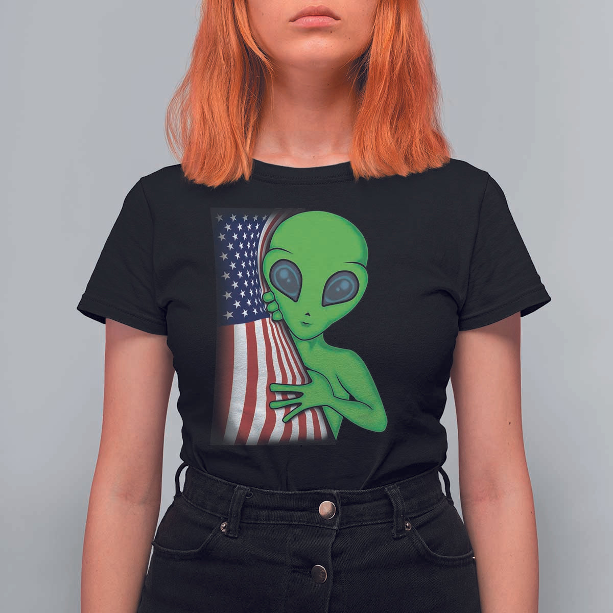 Funny 4th Of July Alien T Shirt For Women USA American Flag UFO - Wonder Print Shop