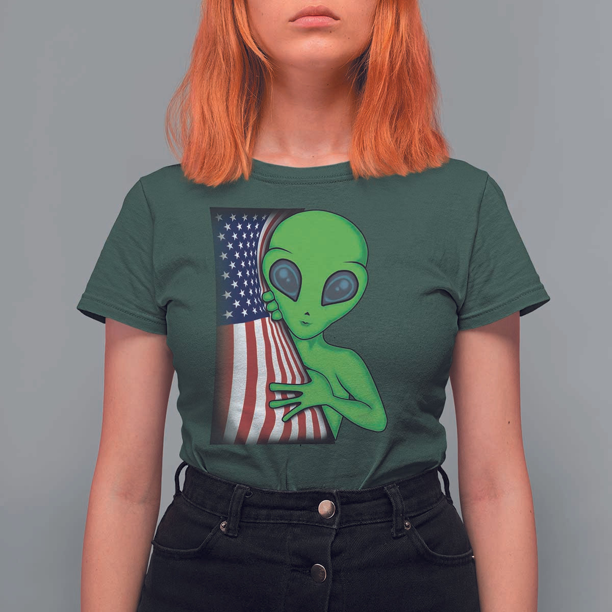 Funny 4th Of July Alien T Shirt For Women USA American Flag UFO - Wonder Print Shop