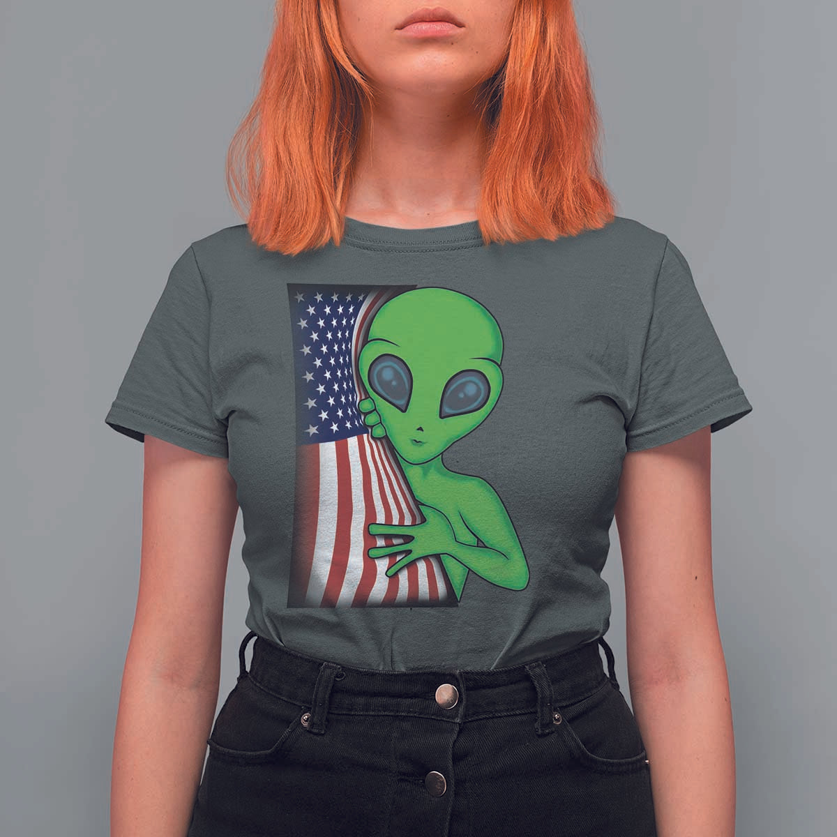 Funny 4th Of July Alien T Shirt For Women USA American Flag UFO - Wonder Print Shop