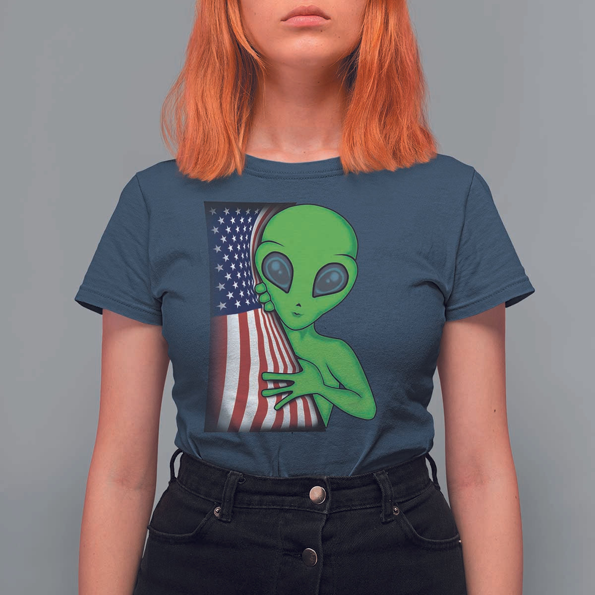 Funny 4th Of July Alien T Shirt For Women USA American Flag UFO - Wonder Print Shop