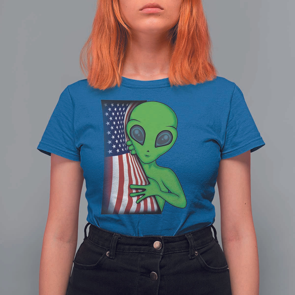 Funny 4th Of July Alien T Shirt For Women USA American Flag UFO - Wonder Print Shop