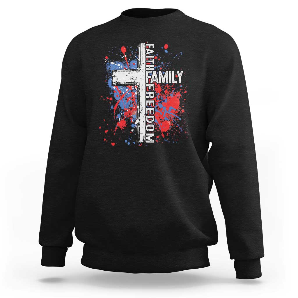Patriotic Christian Sweatshirt Faith Family Freedom Vintage USA Flag Cross 4th Of July - Wonder Print Shop