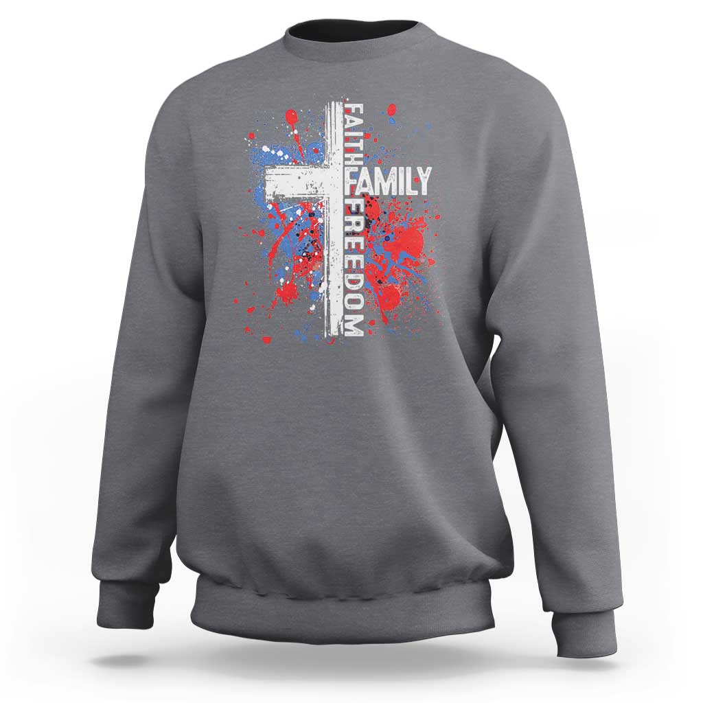 Patriotic Christian Sweatshirt Faith Family Freedom Vintage USA Flag Cross 4th Of July - Wonder Print Shop