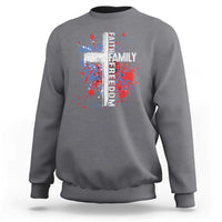 Patriotic Christian Sweatshirt Faith Family Freedom Vintage USA Flag Cross 4th Of July - Wonder Print Shop
