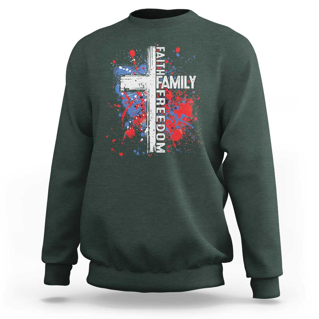 Patriotic Christian Sweatshirt Faith Family Freedom Vintage USA Flag Cross 4th Of July - Wonder Print Shop