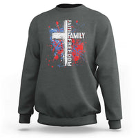 Patriotic Christian Sweatshirt Faith Family Freedom Vintage USA Flag Cross 4th Of July - Wonder Print Shop