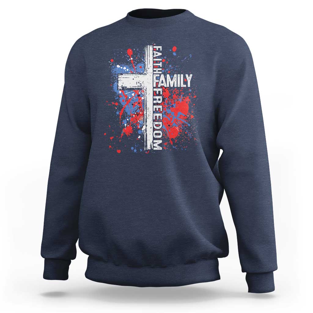 Patriotic Christian Sweatshirt Faith Family Freedom Vintage USA Flag Cross 4th Of July - Wonder Print Shop