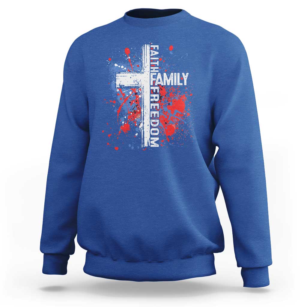 Patriotic Christian Sweatshirt Faith Family Freedom Vintage USA Flag Cross 4th Of July - Wonder Print Shop