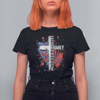 Patriotic Christian T Shirt For Women Faith Family Freedom Vintage USA Flag Cross 4th Of July - Wonder Print Shop