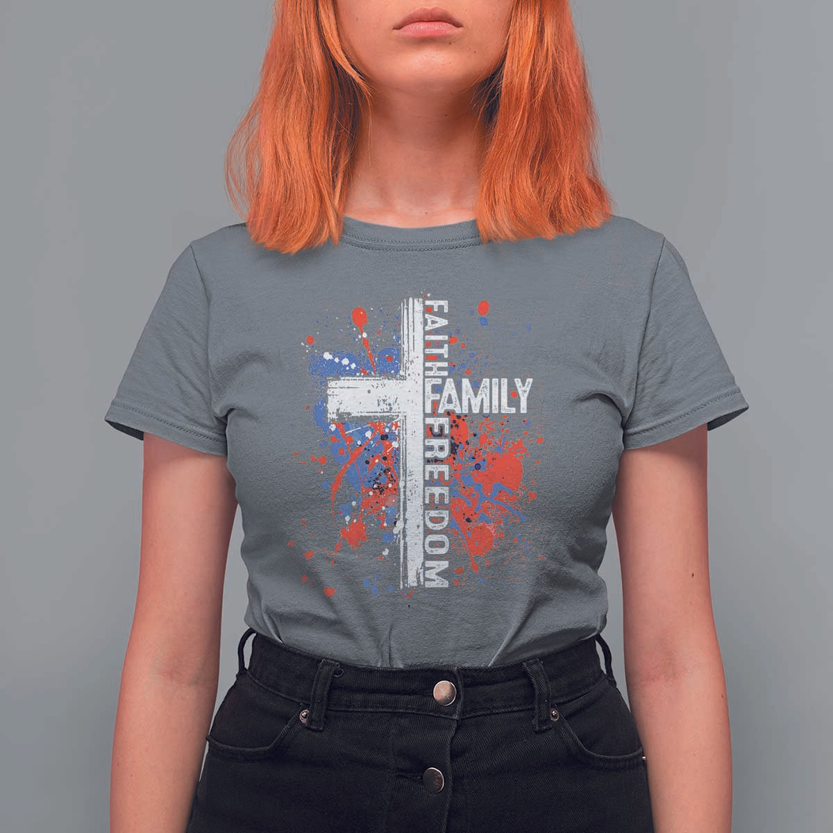 Patriotic Christian T Shirt For Women Faith Family Freedom Vintage USA Flag Cross 4th Of July - Wonder Print Shop
