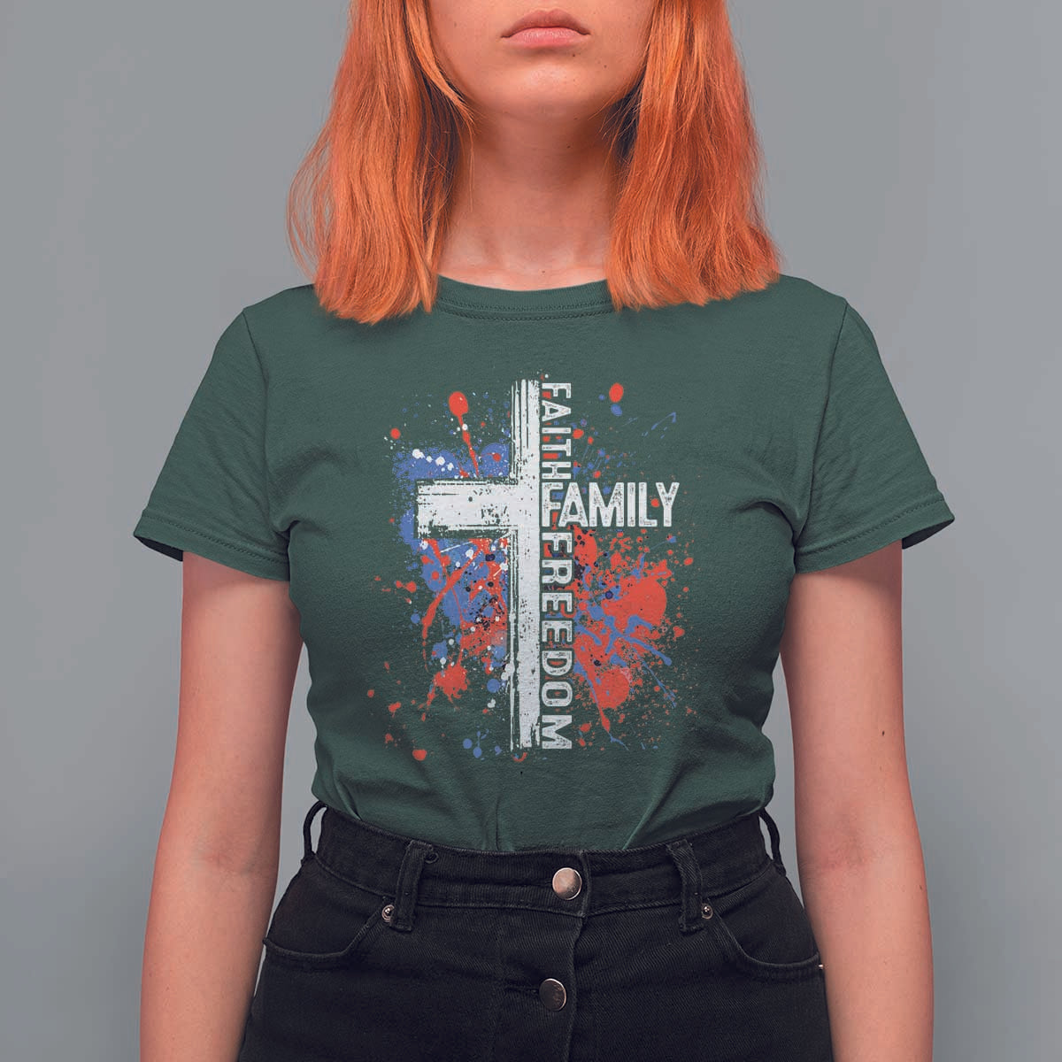 Patriotic Christian T Shirt For Women Faith Family Freedom Vintage USA Flag Cross 4th Of July - Wonder Print Shop