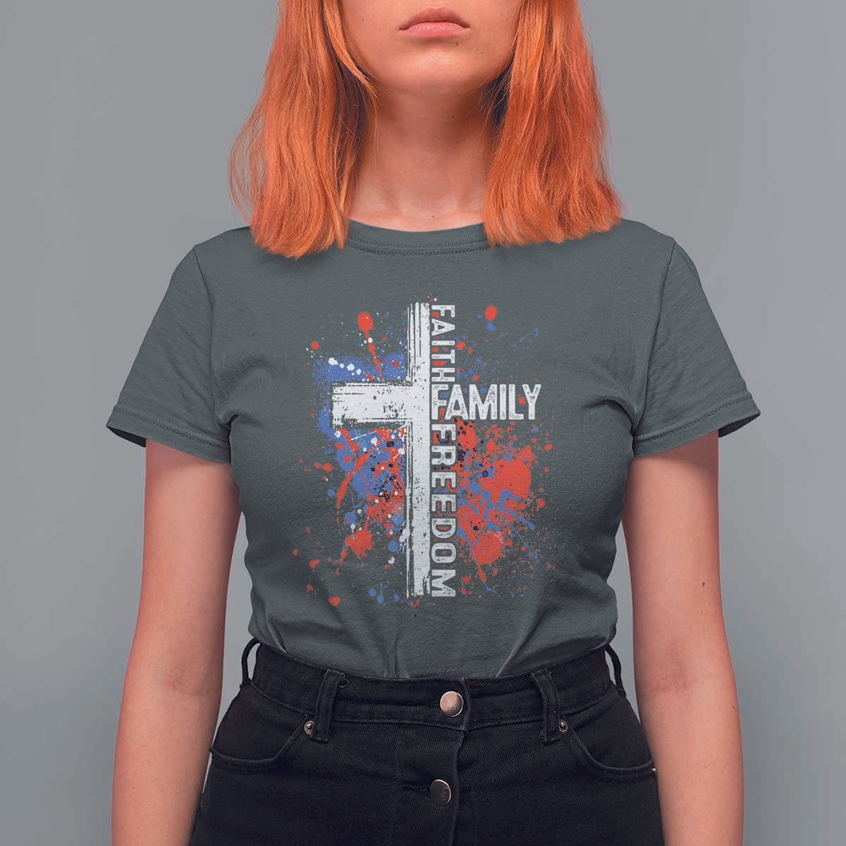 Patriotic Christian T Shirt For Women Faith Family Freedom Vintage USA Flag Cross 4th Of July - Wonder Print Shop
