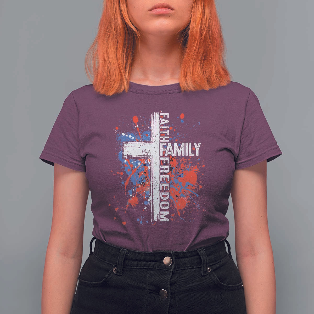 Patriotic Christian T Shirt For Women Faith Family Freedom Vintage USA Flag Cross 4th Of July - Wonder Print Shop