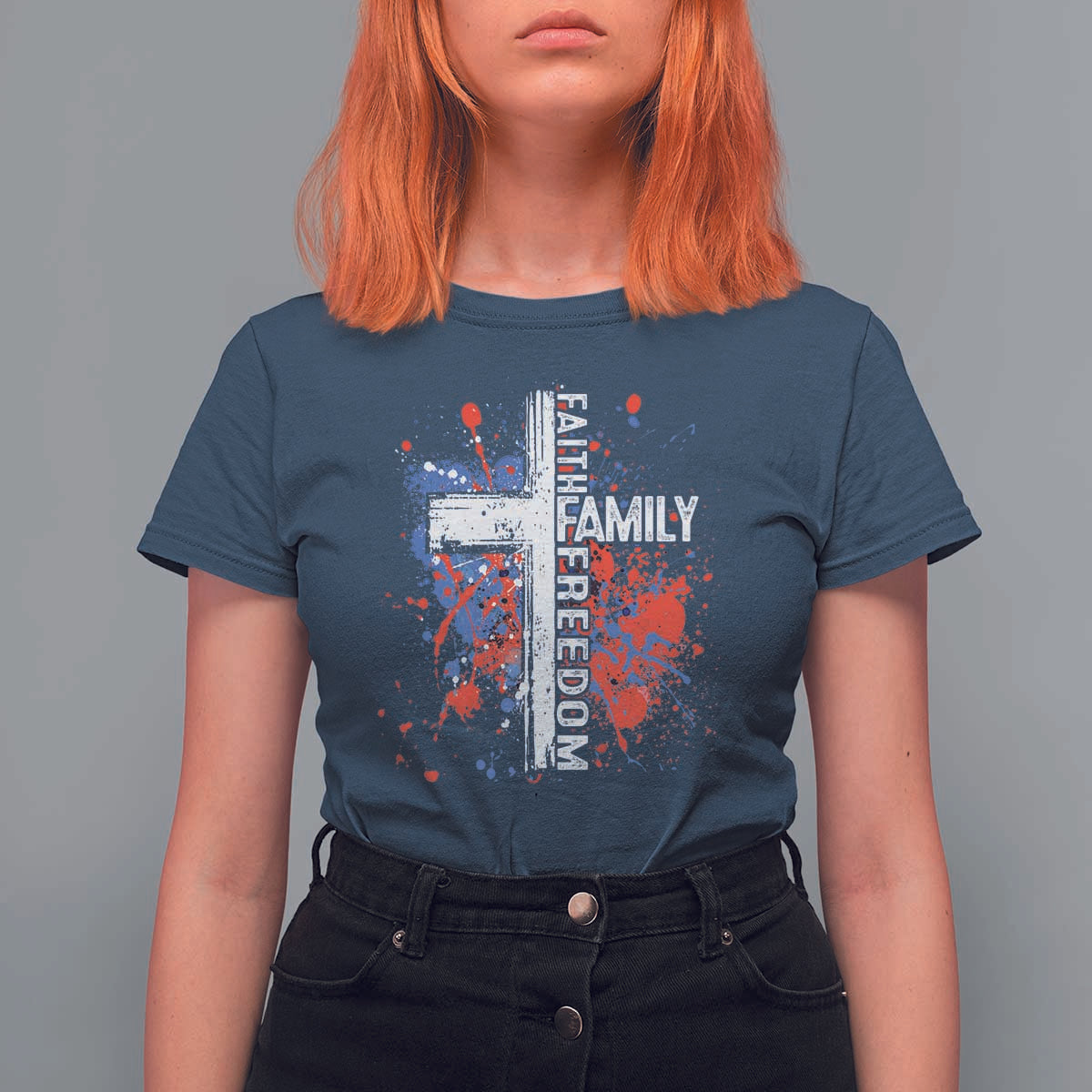 Patriotic Christian T Shirt For Women Faith Family Freedom Vintage USA Flag Cross 4th Of July - Wonder Print Shop
