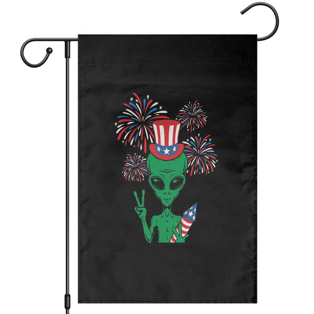 Funny Fourth Of July Alien Garden Flag American USA Flag Fireworks