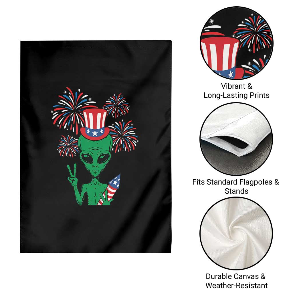 Funny Fourth Of July Alien Garden Flag American USA Flag Fireworks