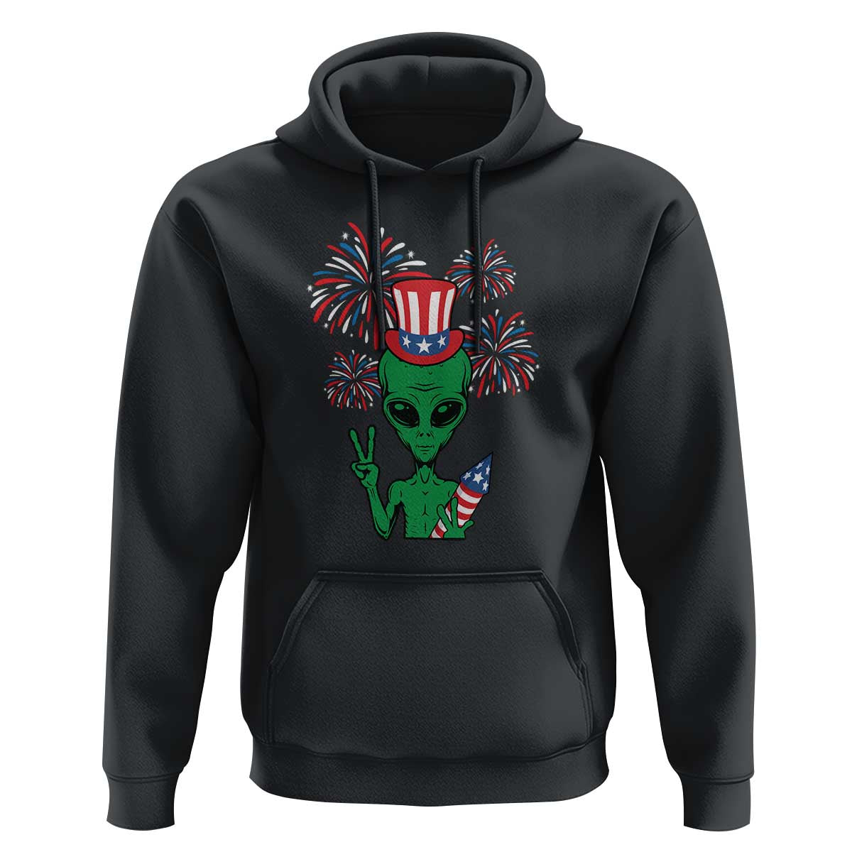 Funny Fourth Of July Alien Hoodie American USA Flag Fireworks - Wonder Print Shop