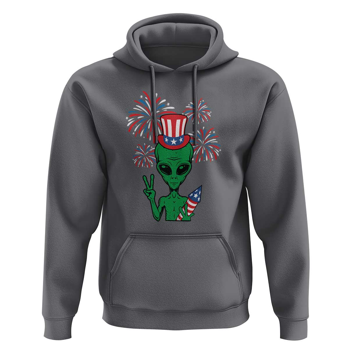 Funny Fourth Of July Alien Hoodie American USA Flag Fireworks - Wonder Print Shop