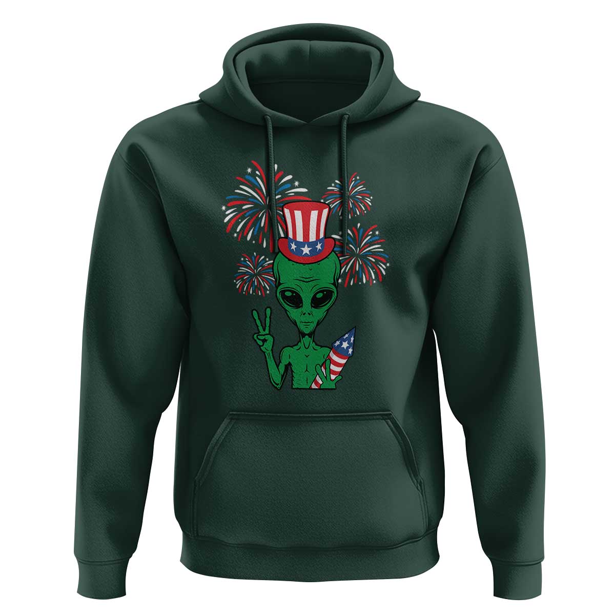 Funny Fourth Of July Alien Hoodie American USA Flag Fireworks - Wonder Print Shop