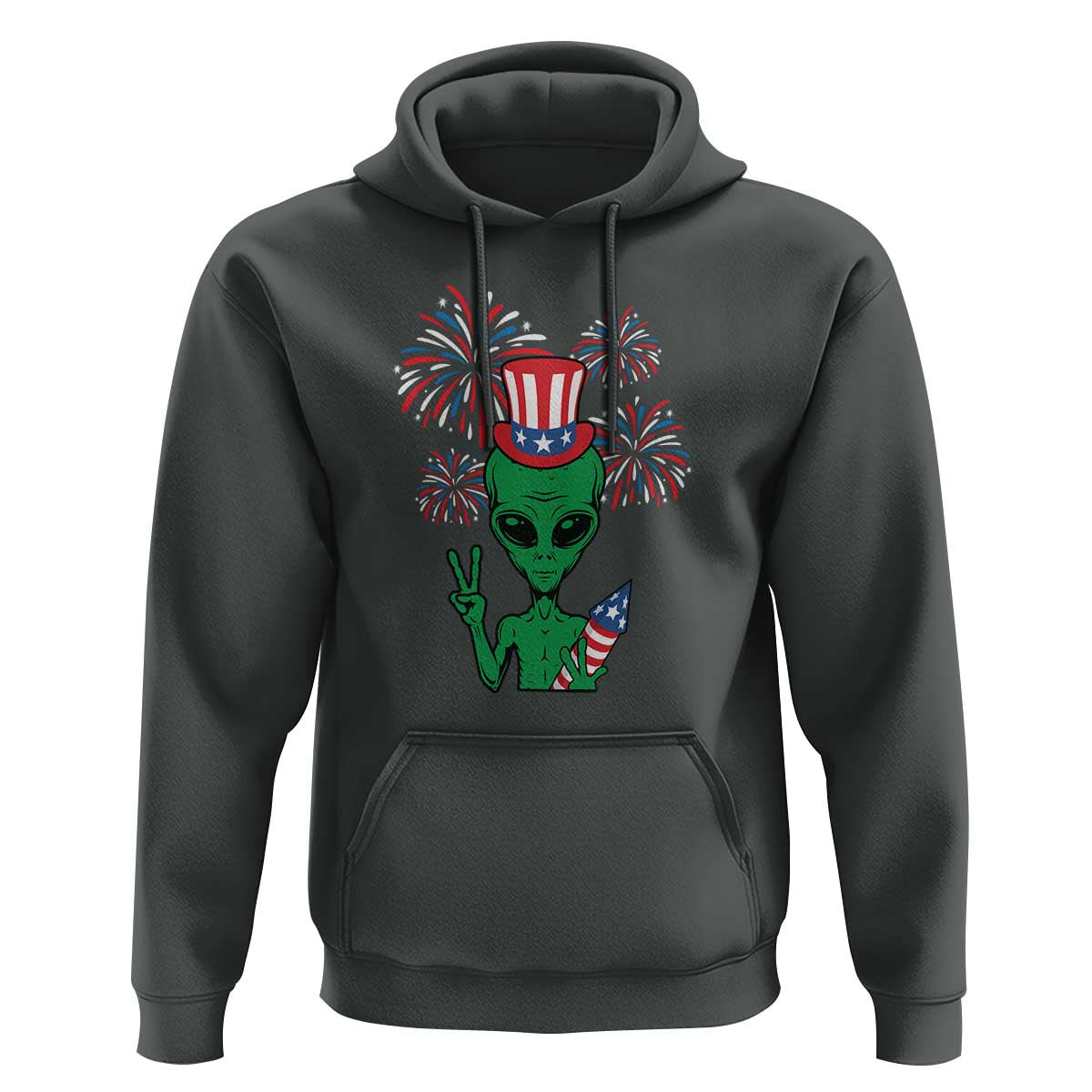 Funny Fourth Of July Alien Hoodie American USA Flag Fireworks - Wonder Print Shop