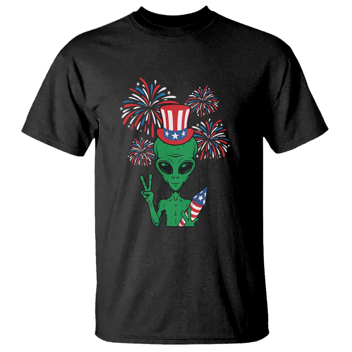 Funny Fourth Of July Alien T Shirt American USA Flag Fireworks - Wonder Print Shop