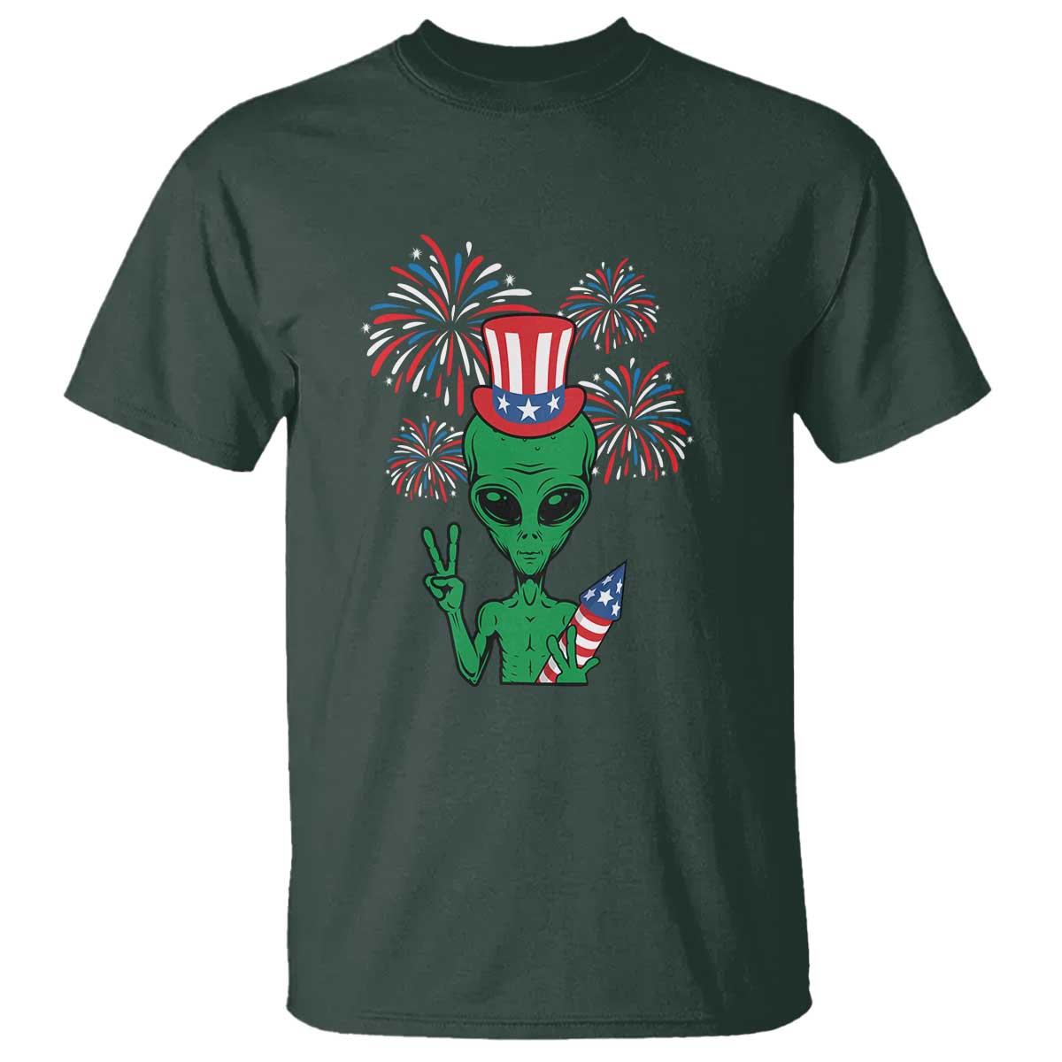 Funny Fourth Of July Alien T Shirt American USA Flag Fireworks - Wonder Print Shop