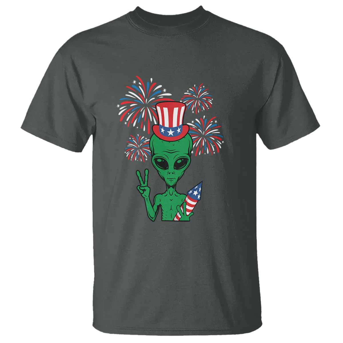 Funny Fourth Of July Alien T Shirt American USA Flag Fireworks - Wonder Print Shop