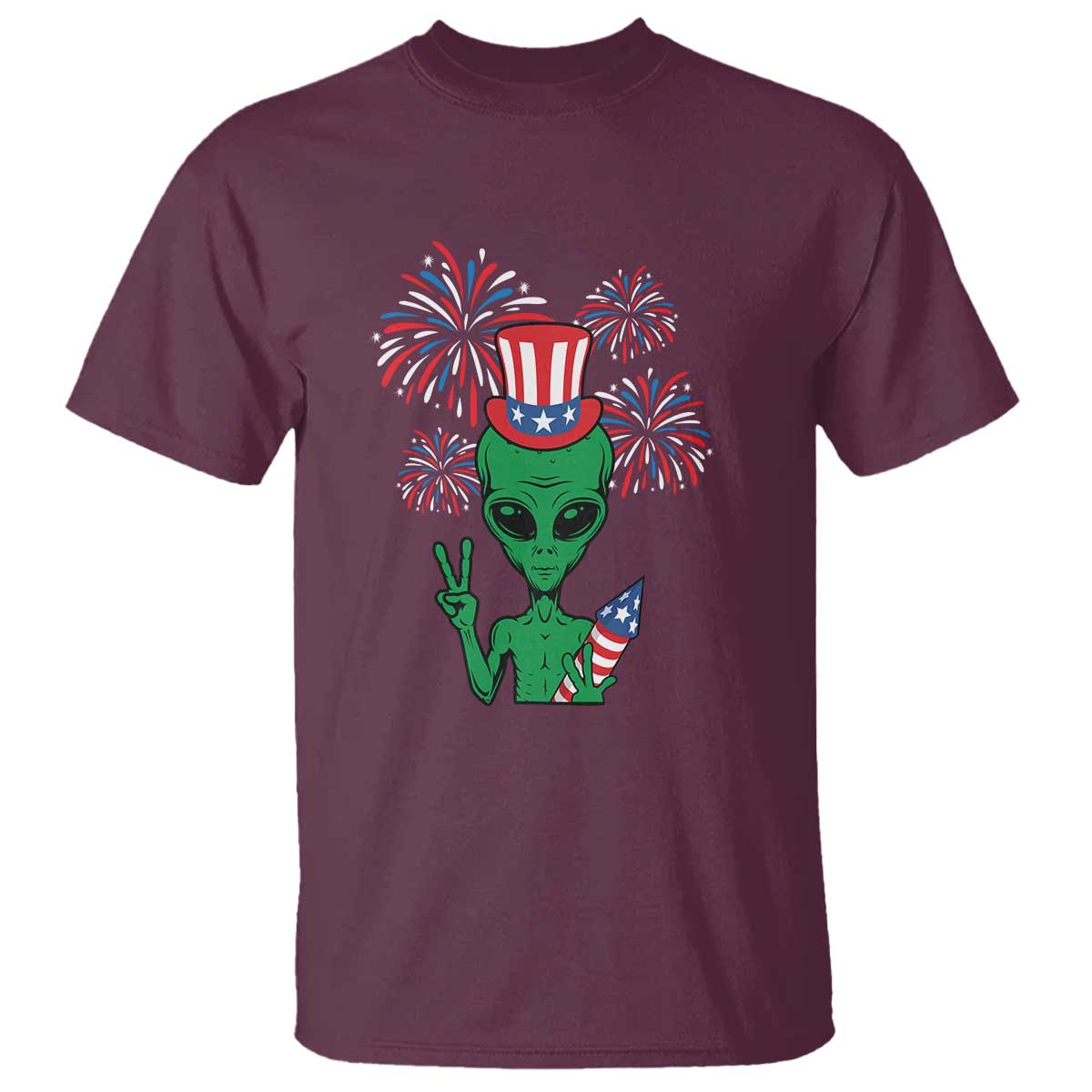Funny Fourth Of July Alien T Shirt American USA Flag Fireworks - Wonder Print Shop