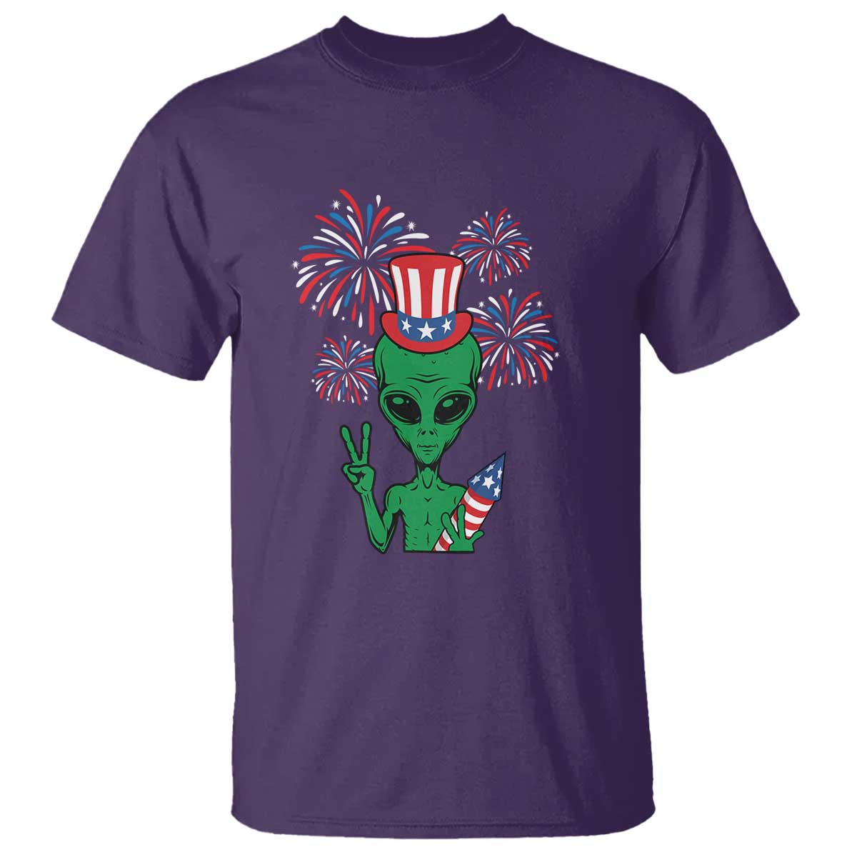 Funny Fourth Of July Alien T Shirt American USA Flag Fireworks - Wonder Print Shop